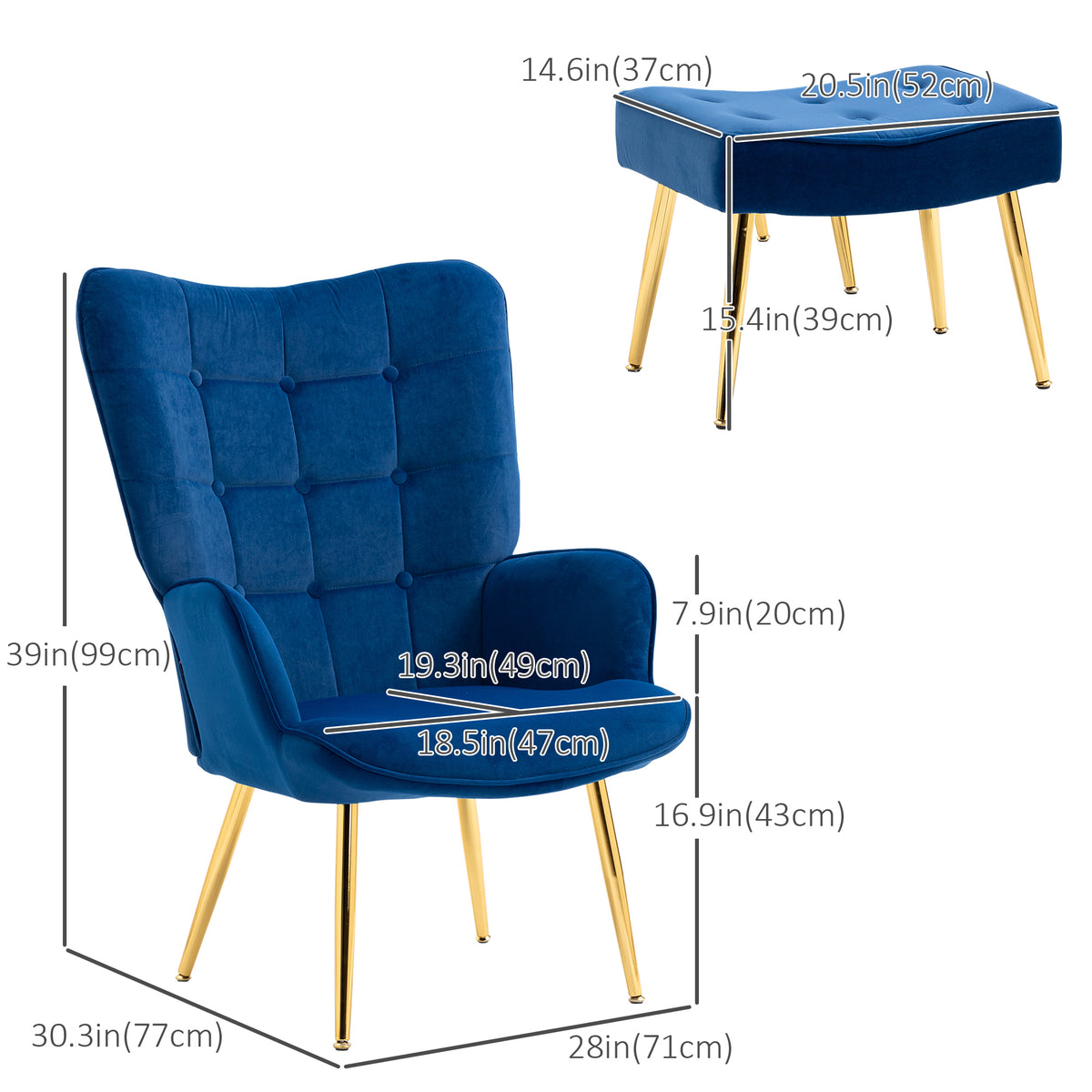 Modern Accent Chair with Ottoman, Upholstered Armchair with Footrest, Gold Metal Legs for Living Room, Bedroom, Dark Blue