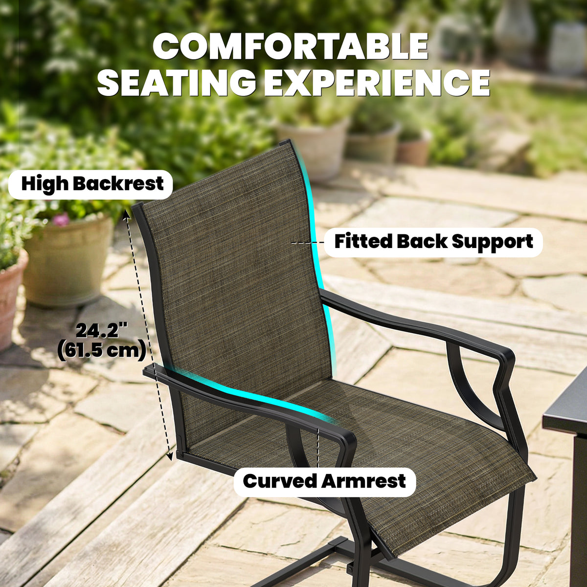 C Spring Motion Patio Chairs Set of 2 with Curved High Backrest, Armrest, All Weather Breathable Fabric, Metal Frame