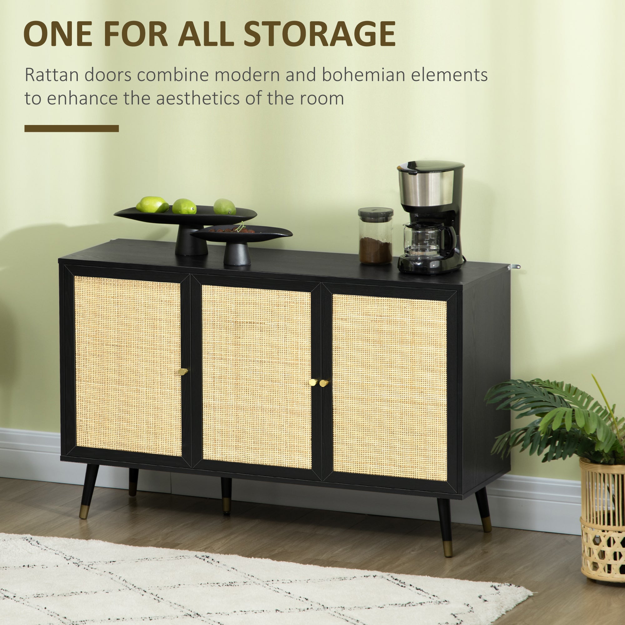Kitchen Sideboard Cabinet, Boho Storage Cabinet with Shelves, Wood Legs, Decorative Rattan Doors, Black