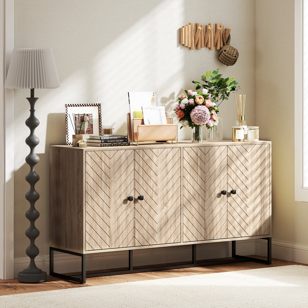 Sideboard Buffet Cabinet with 2 Adjustable Shelves and Steel Base, TV Stand, Coffee Bar Cabinet for Living Room, Oak