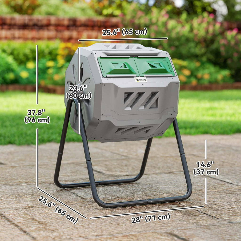 ተፈራርሶ ዝኸይድ ኮምፖስት ቢን ደገ ድርብ ክፍሊ 360° ዝምልልስ ኮምፖስተር 43 ጋሎን ምስ ዝስሕቡ ዝኸፈቱ መዓጹታት፡ ጸሊም ሓምላይ