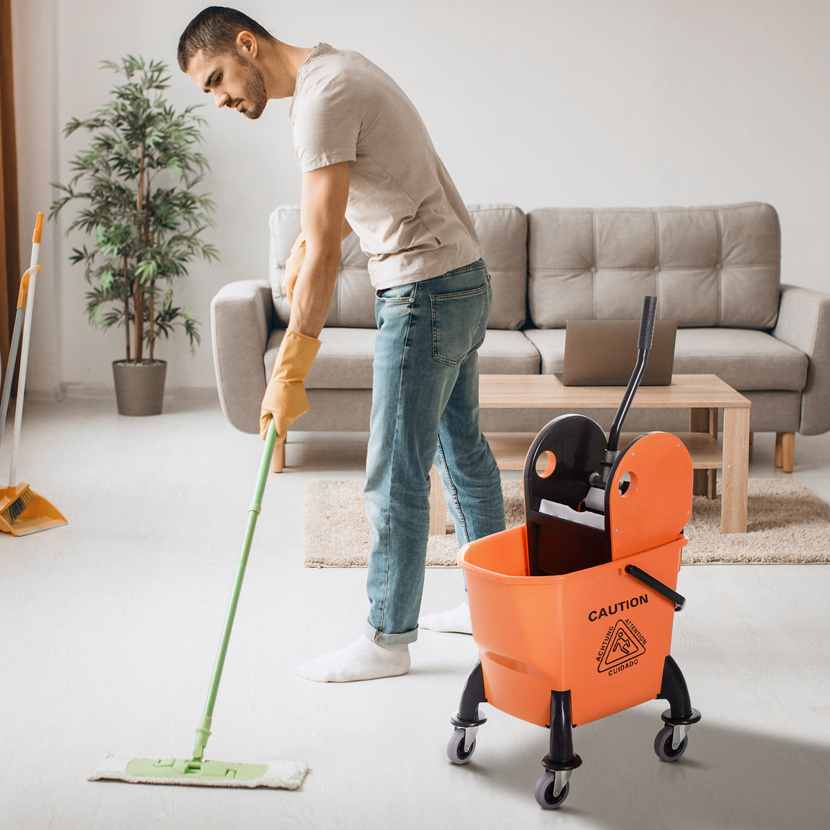 6.9 Gal/26L Mop Bucket, Mop Bucket with Wringer, Wheels and Handle, Orange