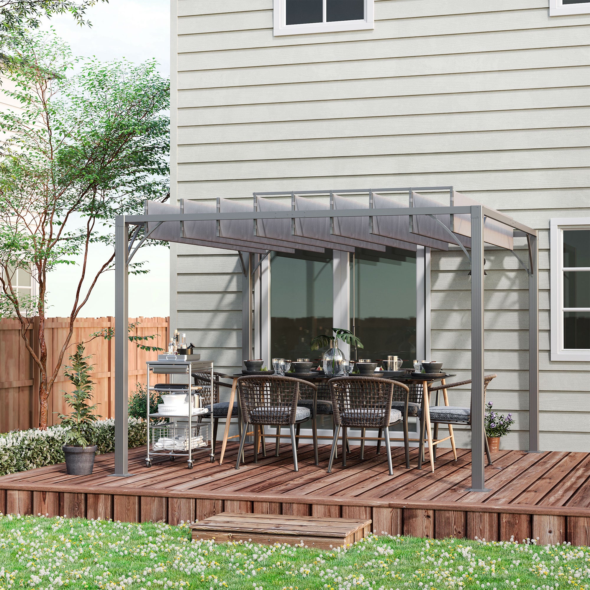 12.8' x 9.7' Outdoor Pergola with Retractable Roof, Aluminium Louvered Pergola Canopy Gazebo for Lawn Garden Patio, Grey