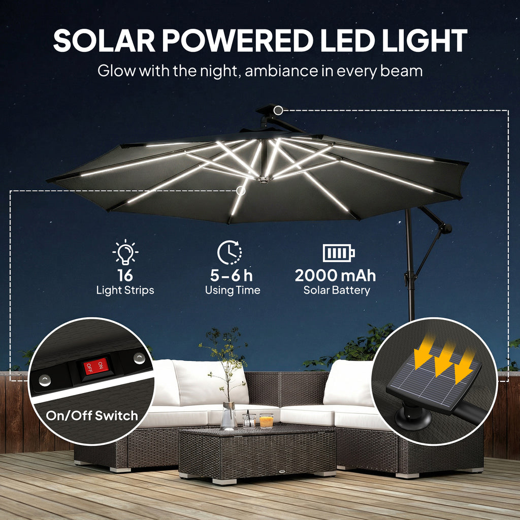 10 ft Offset Patio Umbrella with Solar Light, Garden Hanging Parasol with 360° Rotation, Tilt, Cover, Black
