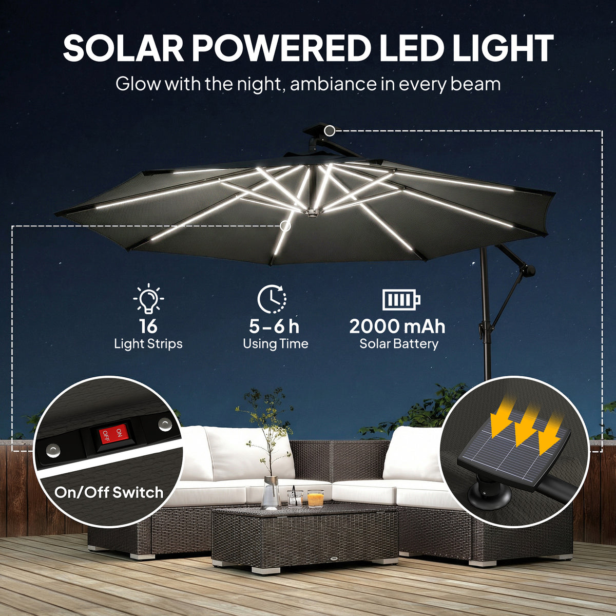 10 ft Offset Patio Umbrella with Solar Light, Garden Hanging Parasol with 360° Rotation, Tilt, Cover, Black