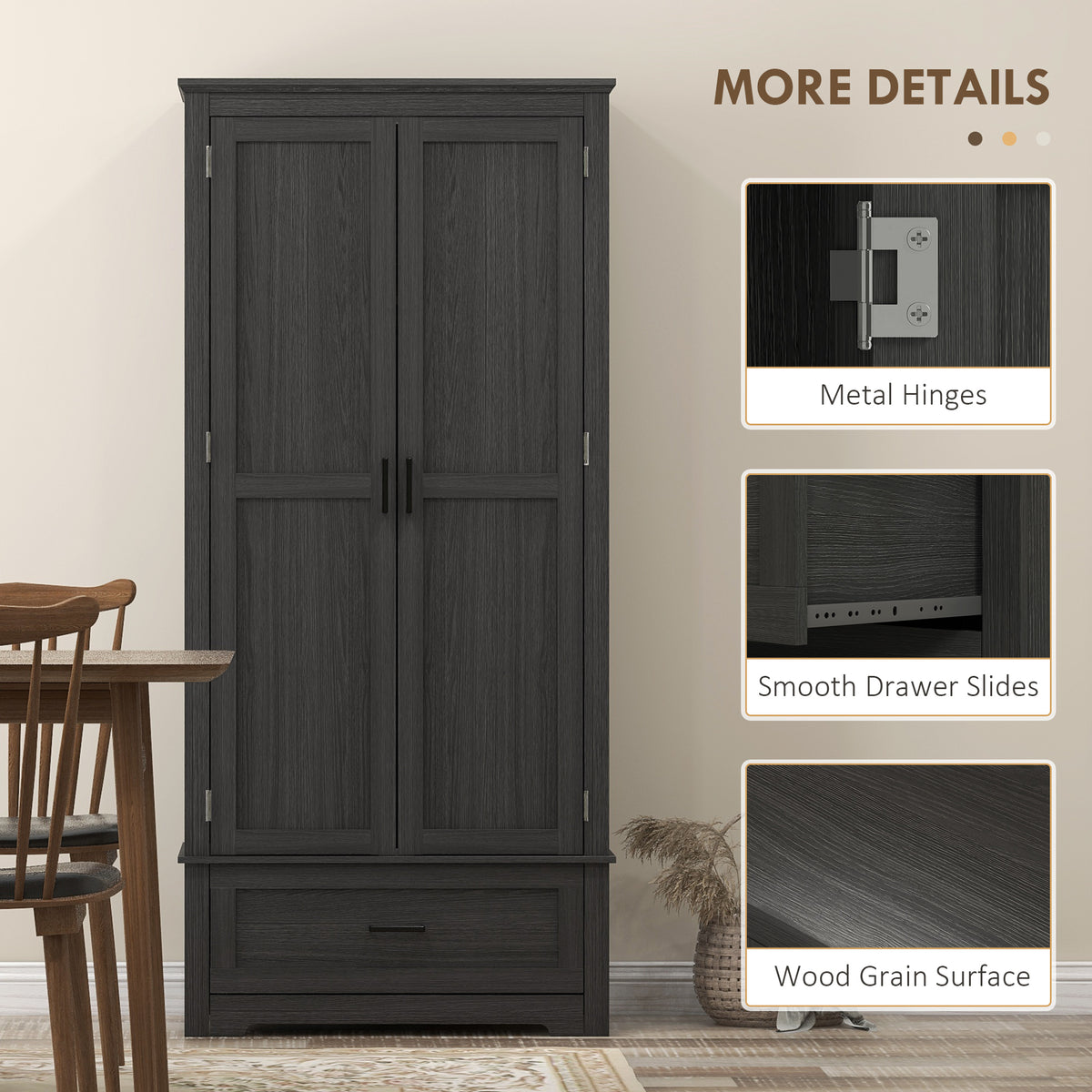 69" Tall Farmhouse Kitchen Pantry Cabinet with 2 Doors, Drawer and Adjustable Shelves, Black Wood Grain