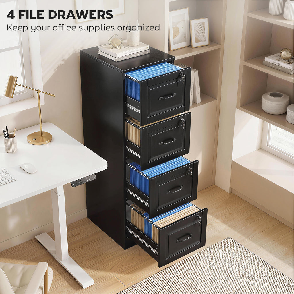 3 Drawer File Cabinet with Lock, Vertical Filing Cabinet with Adjustable Hanging Bars for A4 and Letter Size, Black