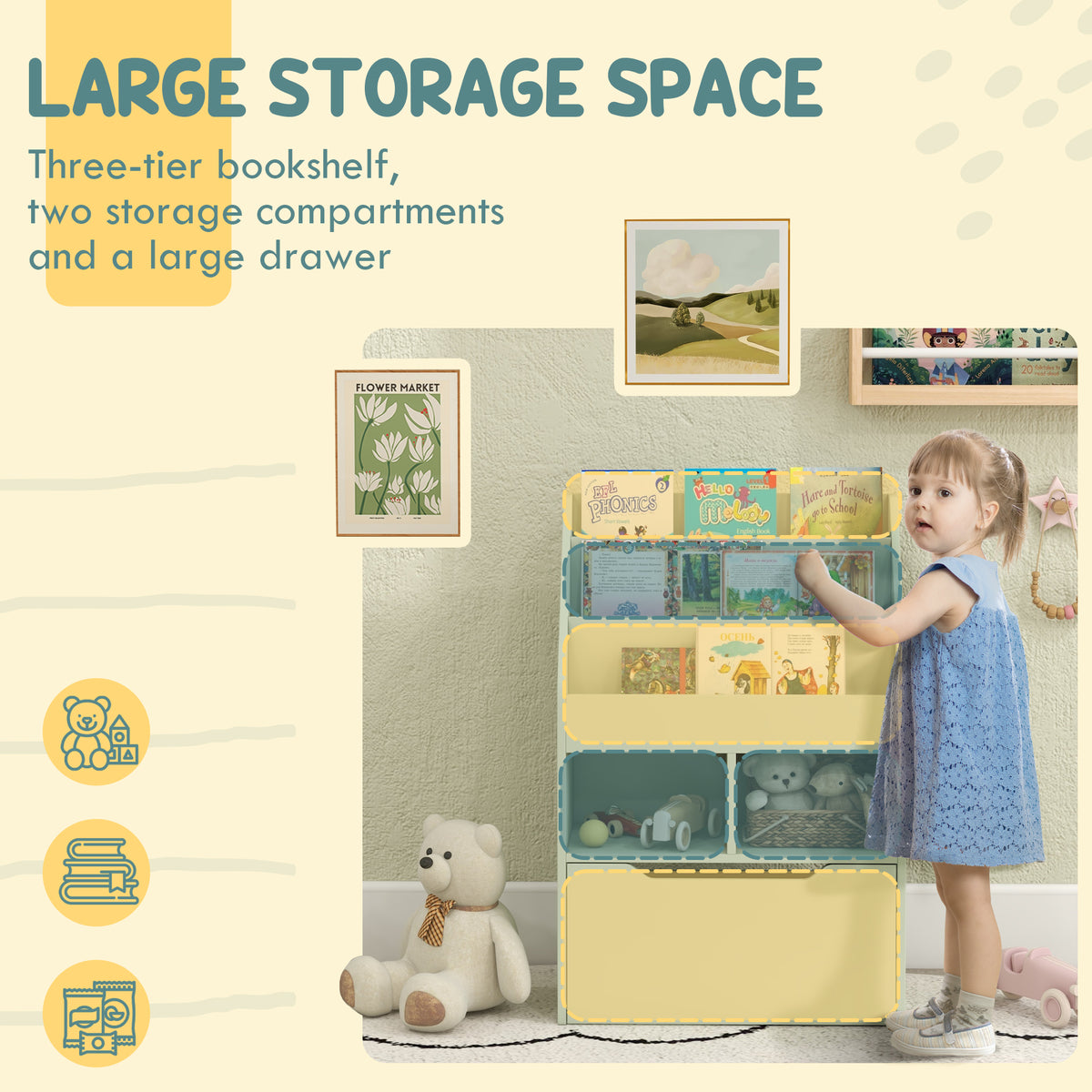 Kids Bookcase with Storage Drawer for Books, Reading Nook, for Classroom, Bedroom, Playroom, Green