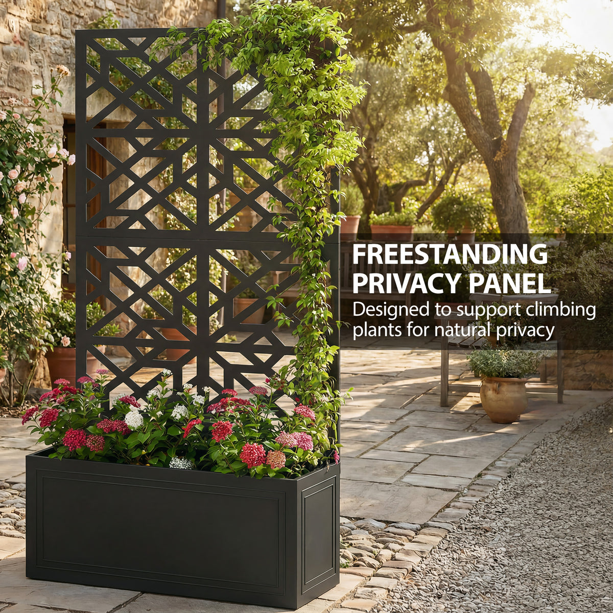 Metal Raised Garden Bed with Trellis for Climbing Plants, Freestanding or Wall Mounted Flower Bed with Privacy Panel