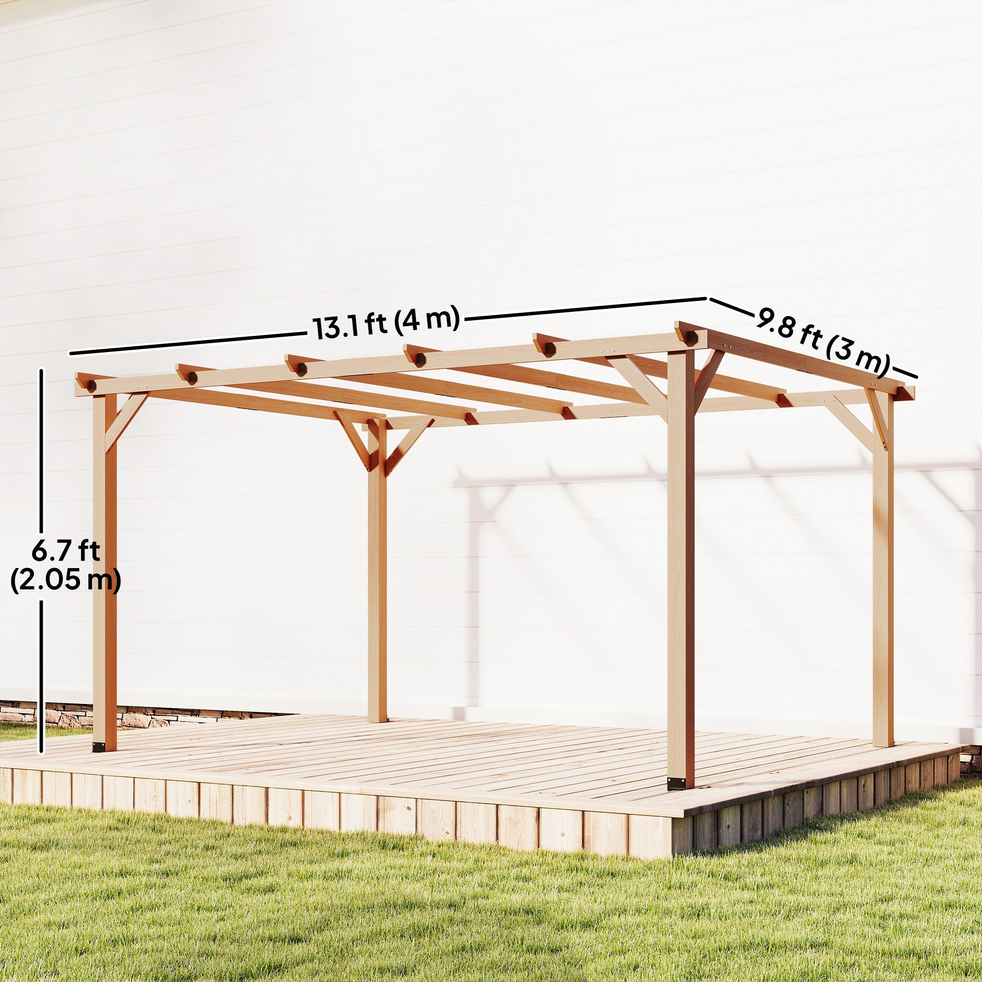 عريشة خشبية مقاس 10' × 13'، شرفة عريشة خارجية تعريشة عنب بدعامات مثلثة، مراس خرسانية، خشب طبيعي