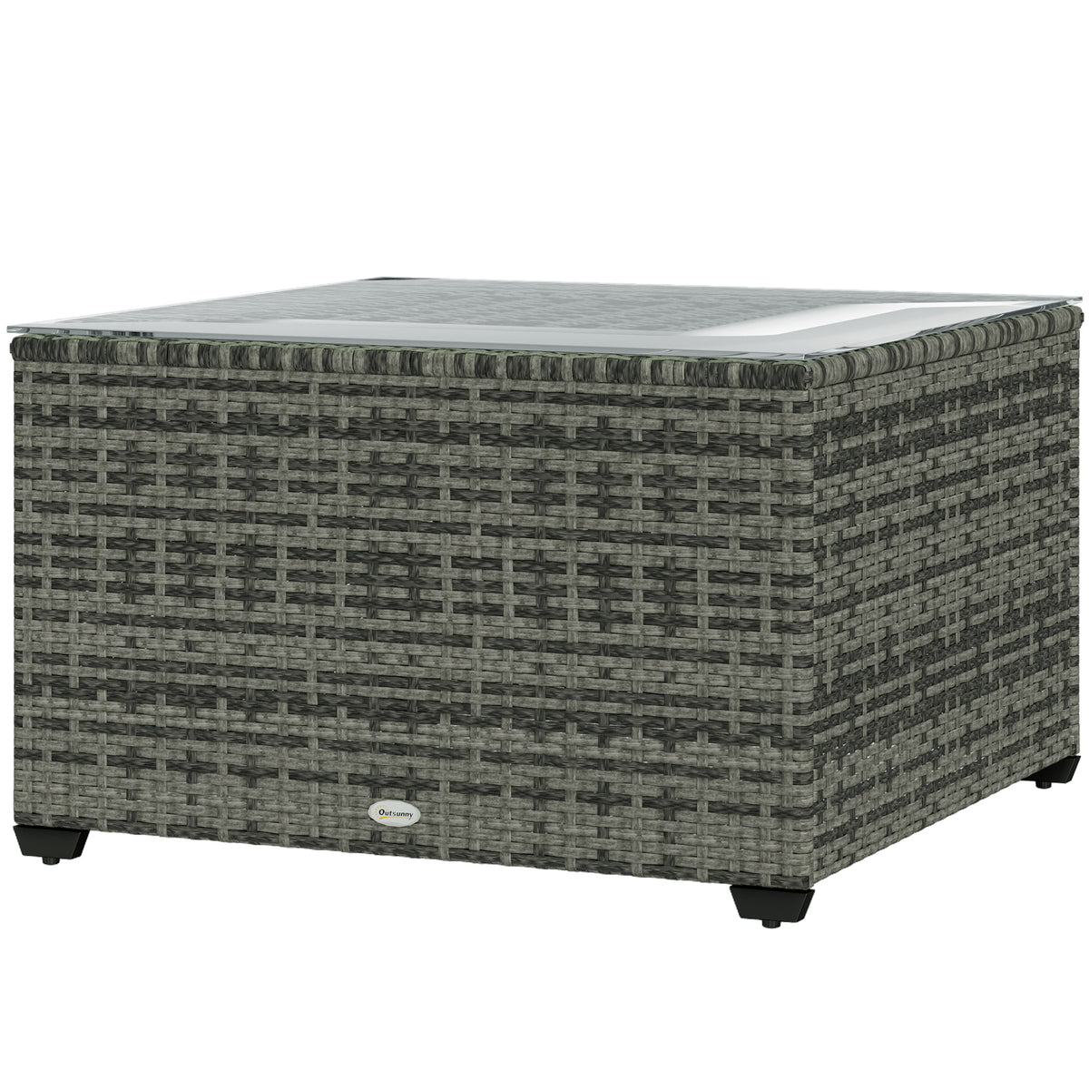 24.4" Patio Wicker Coffee Table, PE Rattan Outdoor Side Table with Tempered Glass Top, Light Grey