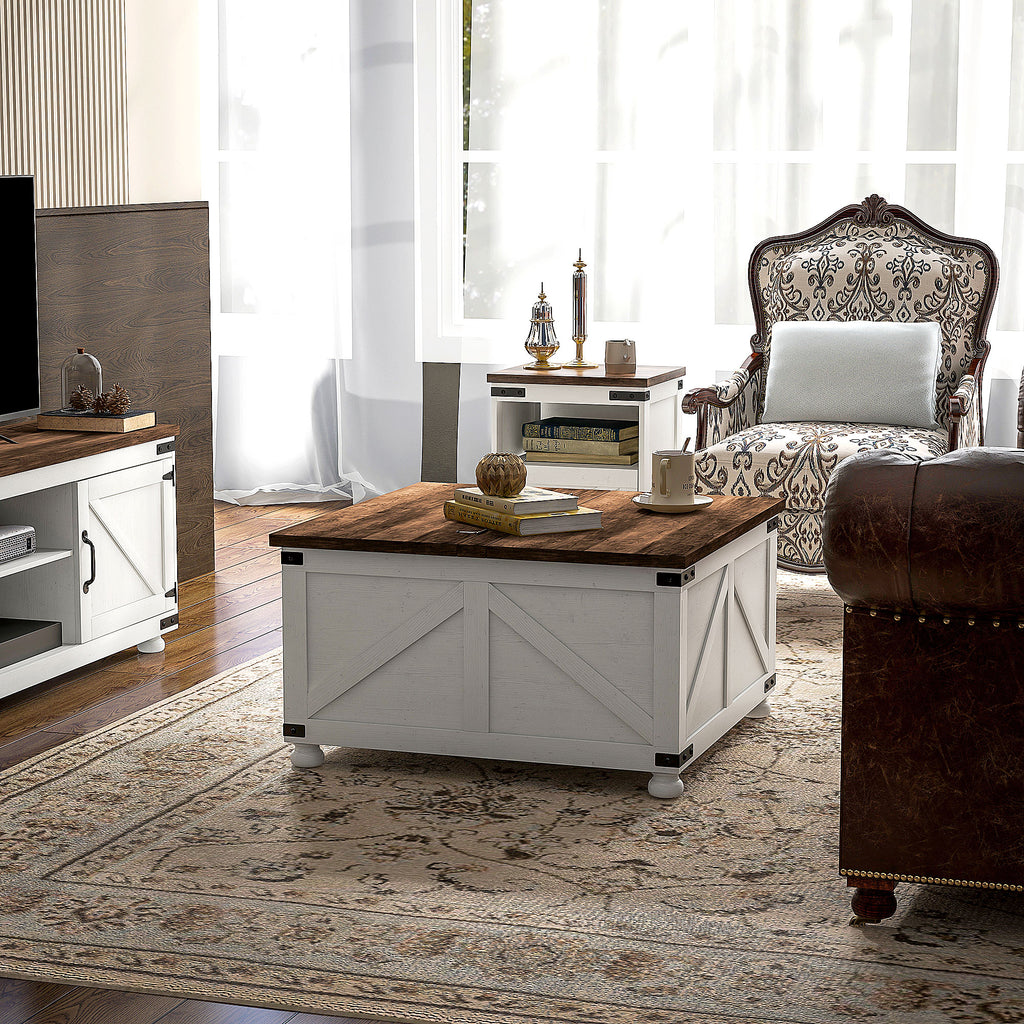 Coffee Table with Lift Top, 32" Farmhouse Center Table with Hidden Compartment for Living Room, Antique White