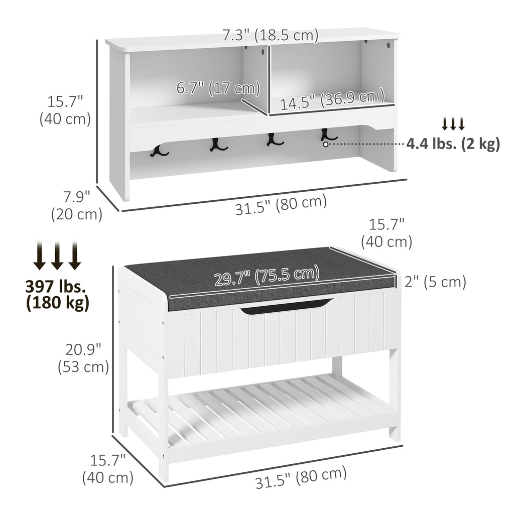 Wall Mounted Coat Rack with Shoe Storage Bench, Hall Tree and Bench, Clothes Hanger Rack with Shelves for Hallway White