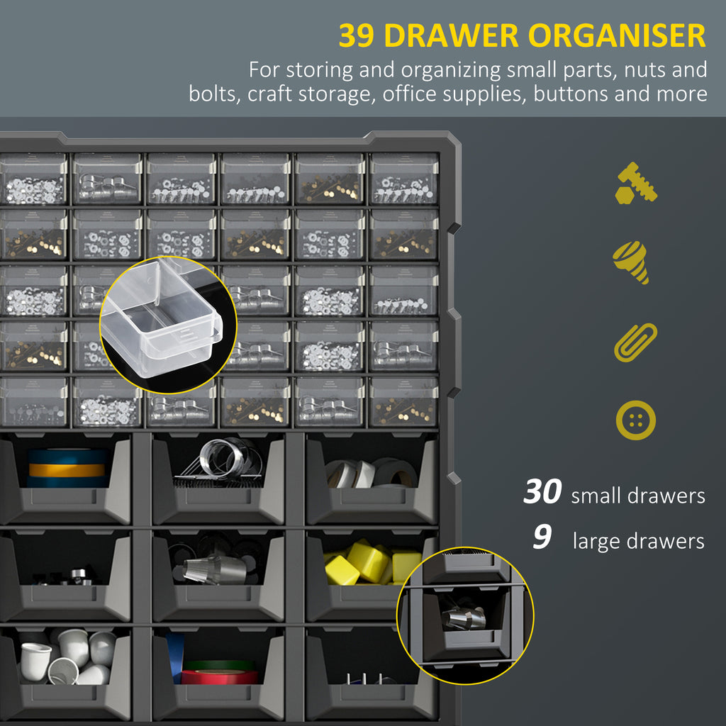 Plastic 39 Drawer Parts Organiser Wall Mount Storage Cabinet for Small Nuts Bolts Tool Black