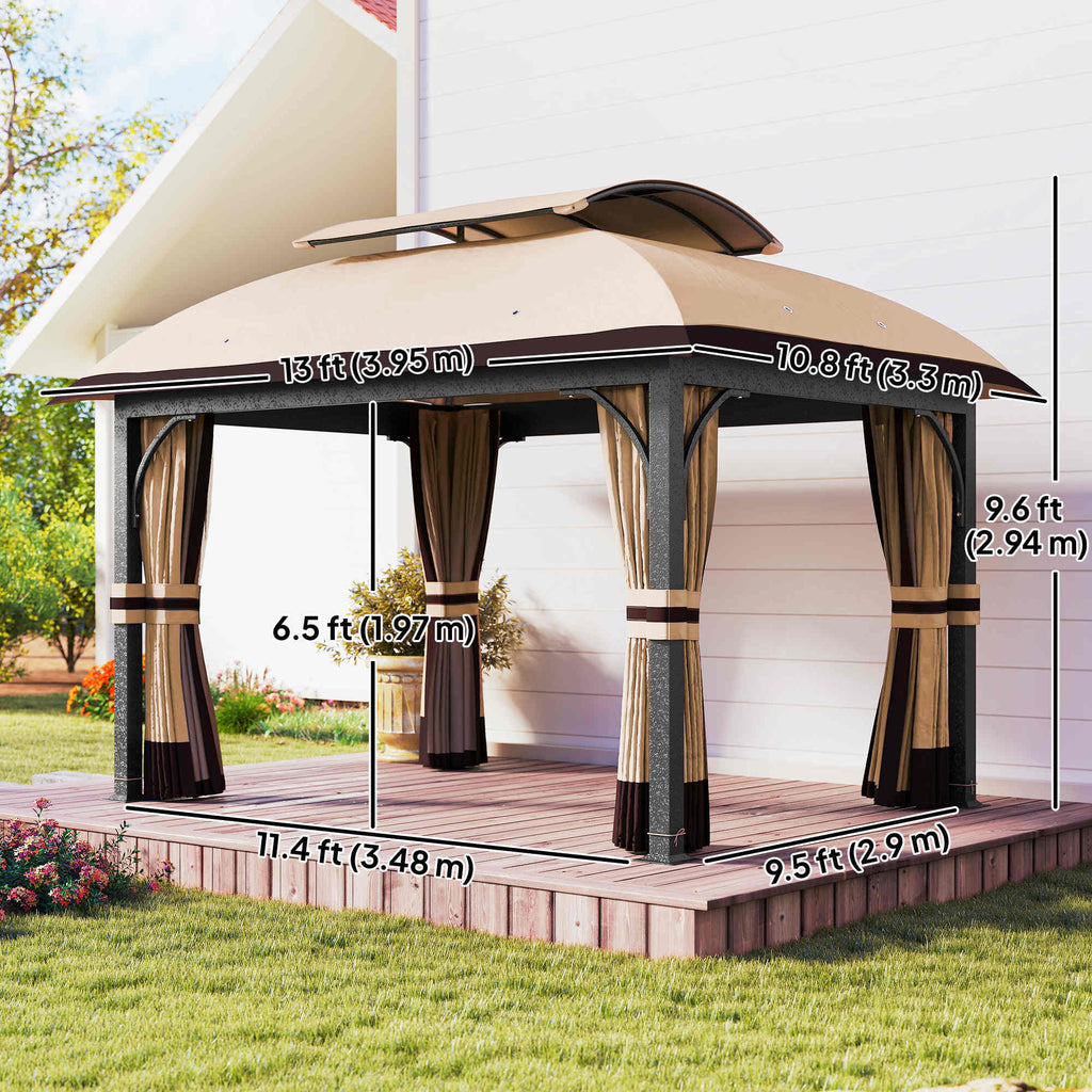 11' x 13' ጋዜቦ ግቢ፣ ድርብ ጣሪያ ዘለዎ ናይ ደገ ጋዜቦ ካኖፒ ምስ መርበብን መጋረጃታትን፣ ጋልቫናይዝድ ብረታዊ ፍሬም፣ ካኪ