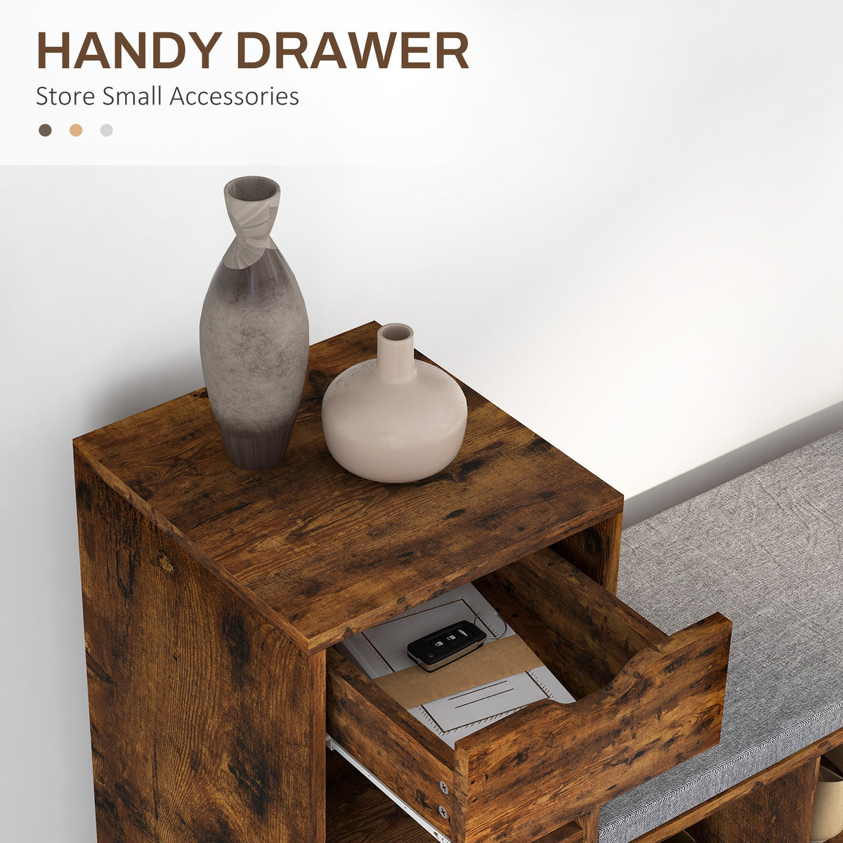 Upholstered Shoe Storage Bench w/ Seat, Entrance Bench w/ Drawer and 6 Open Shelves for Hallway, Rustic Brown