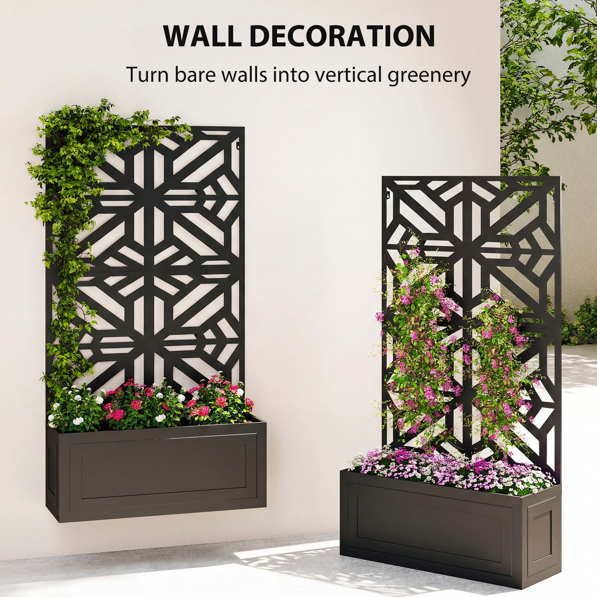 Metal Raised Garden Bed with Trellis for Climbing Plants, Freestanding or Wall Mounted Flower Bed with Privacy Panel