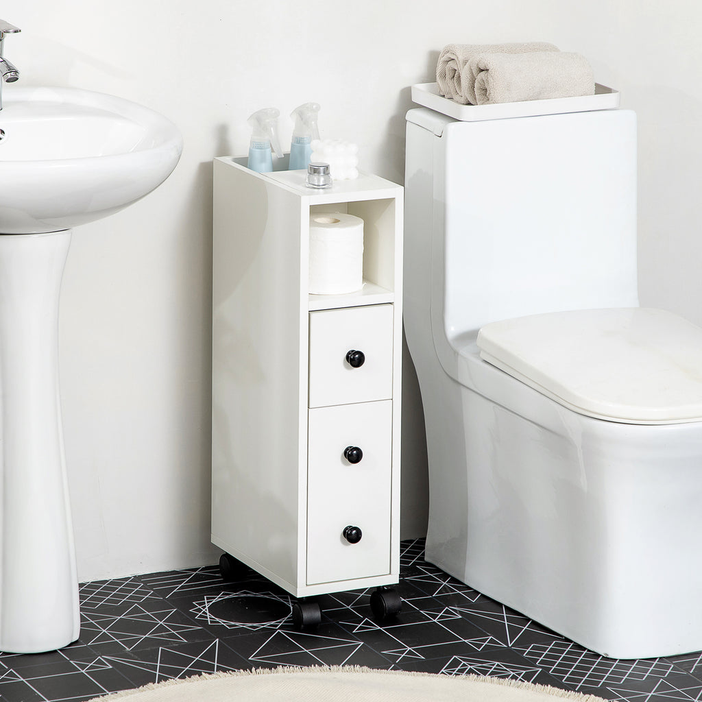 Slim Bathroom Cabinet with Wheels, Narrow Bathroom Storage Cabinet with Door, Drawer and 2 Open Compartments, White