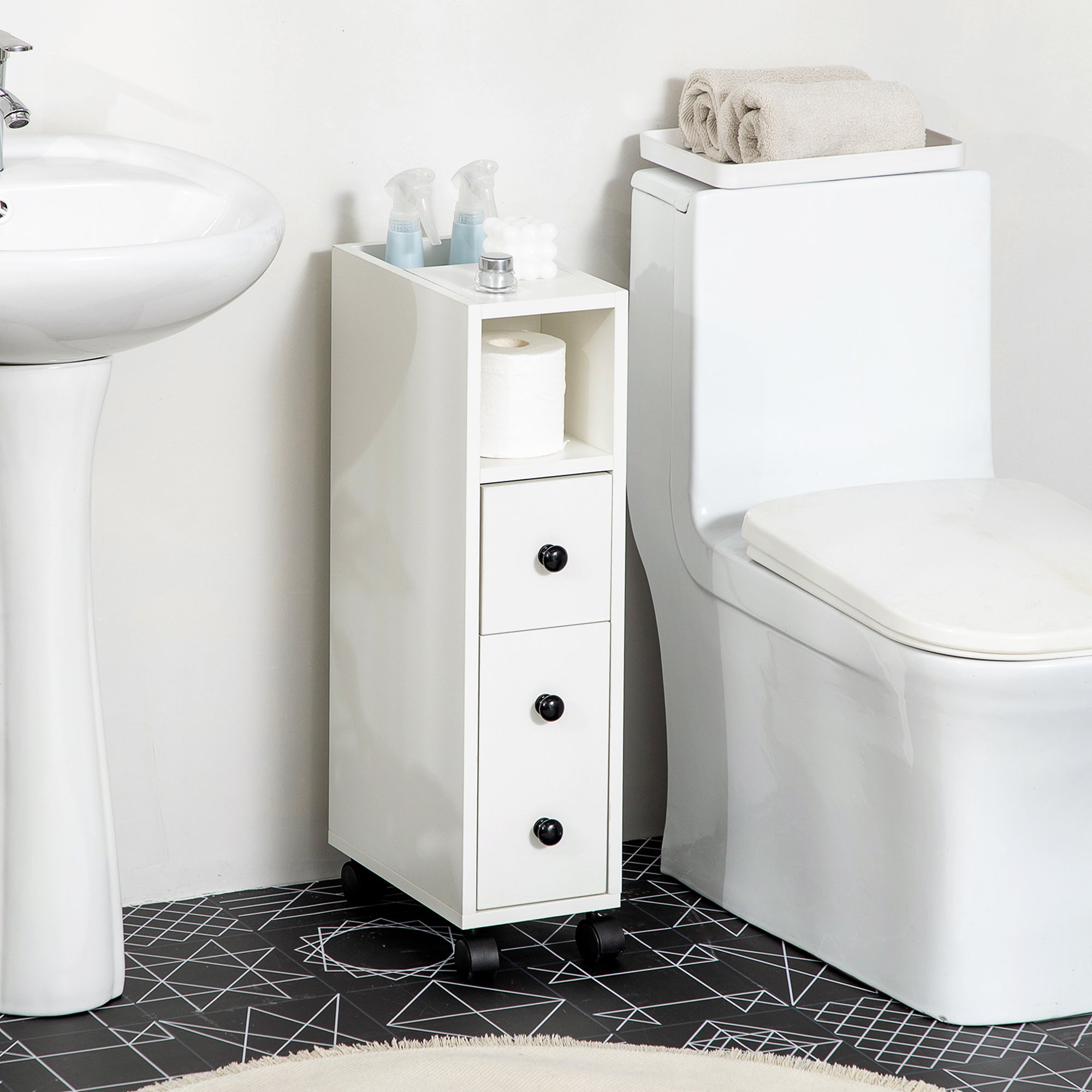 Slim Bathroom Cabinet with Wheels, Narrow Bathroom Storage Cabinet with Door, Drawer and 2 Open Compartments, White