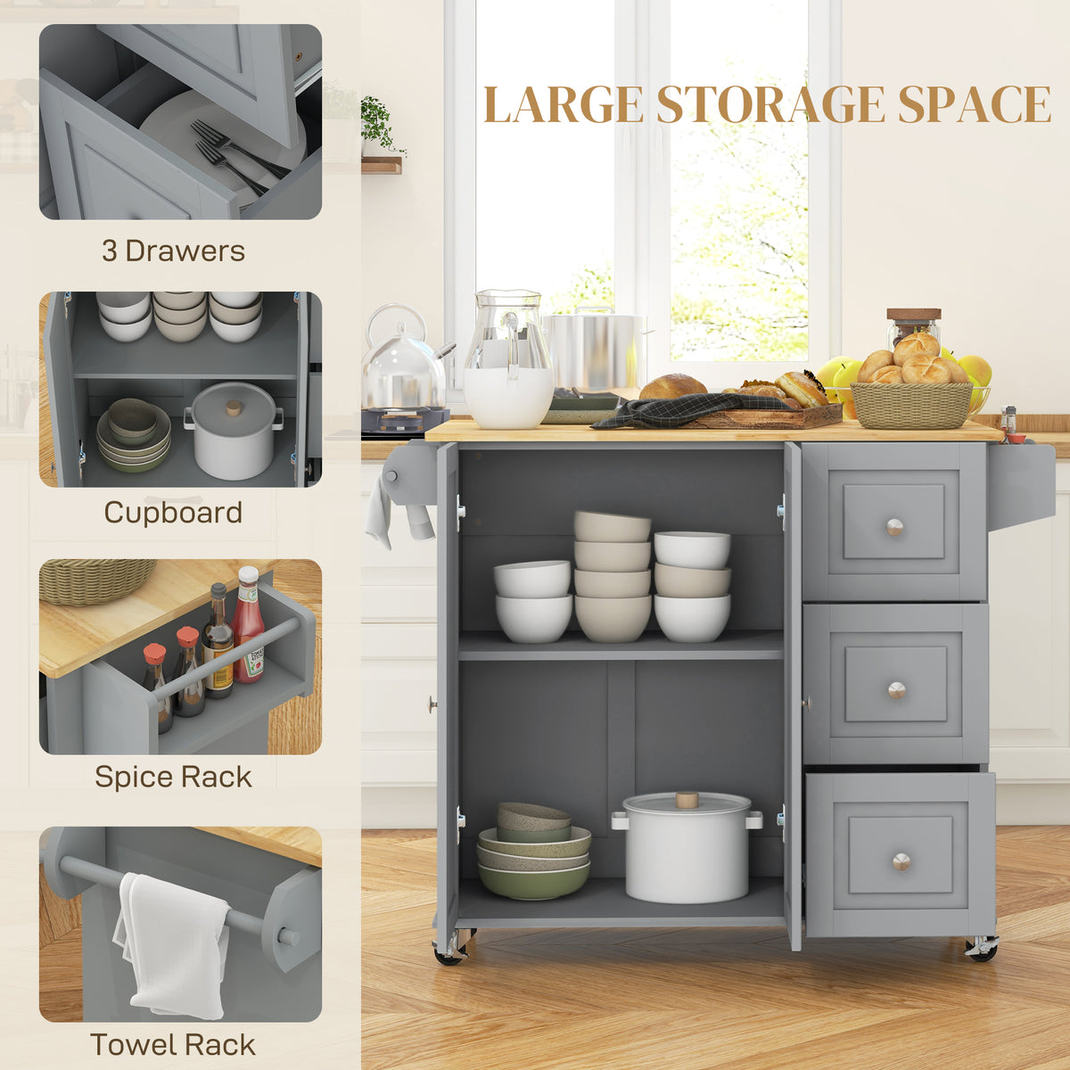 Kitchen Island on Wheels, Kitchen Cart with Drop Leaf, Drawers, White