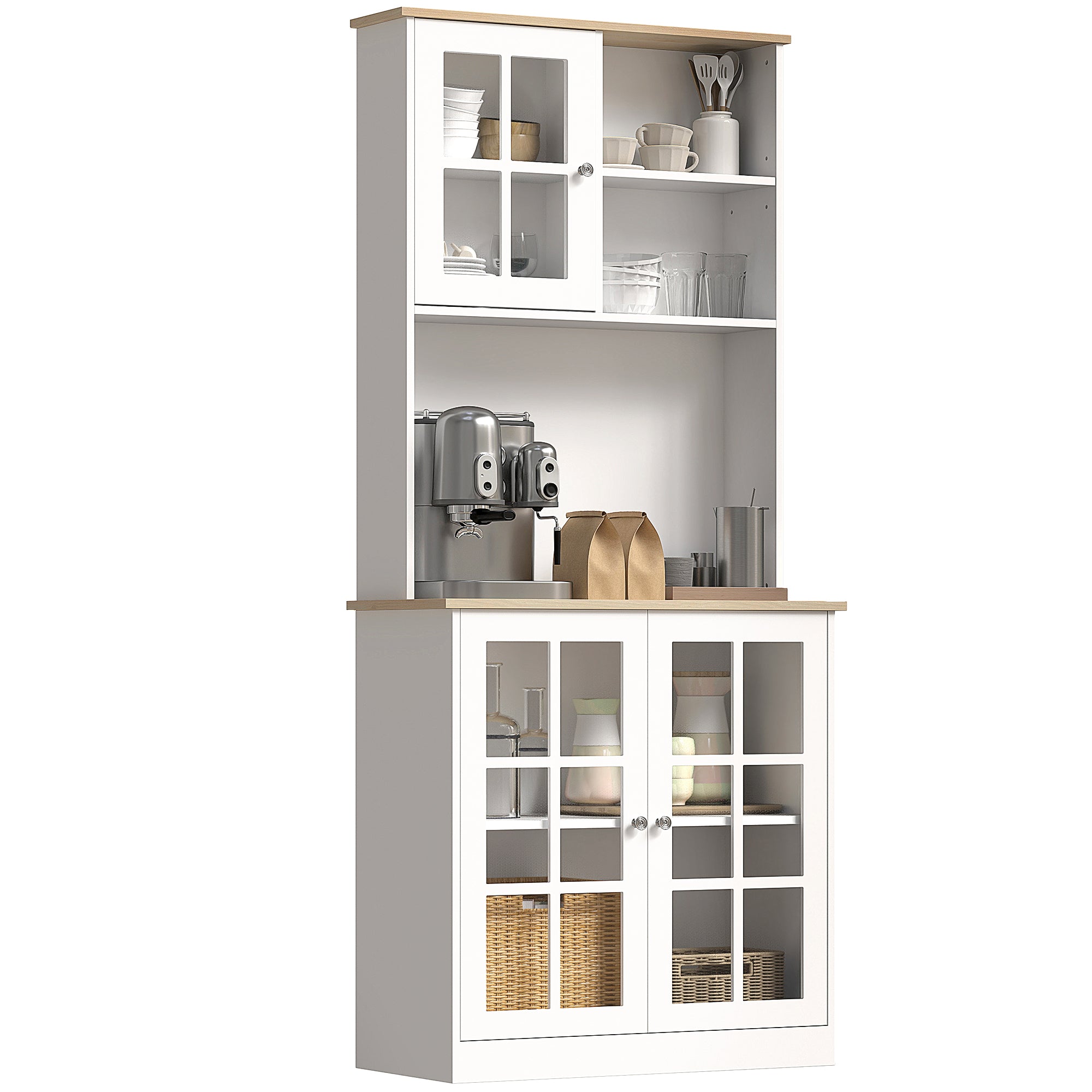 Kitchen Buffet with Hutch, Storage Pantry with 3 Cabinets, 2 Open Shelves and Large Countertop, Black