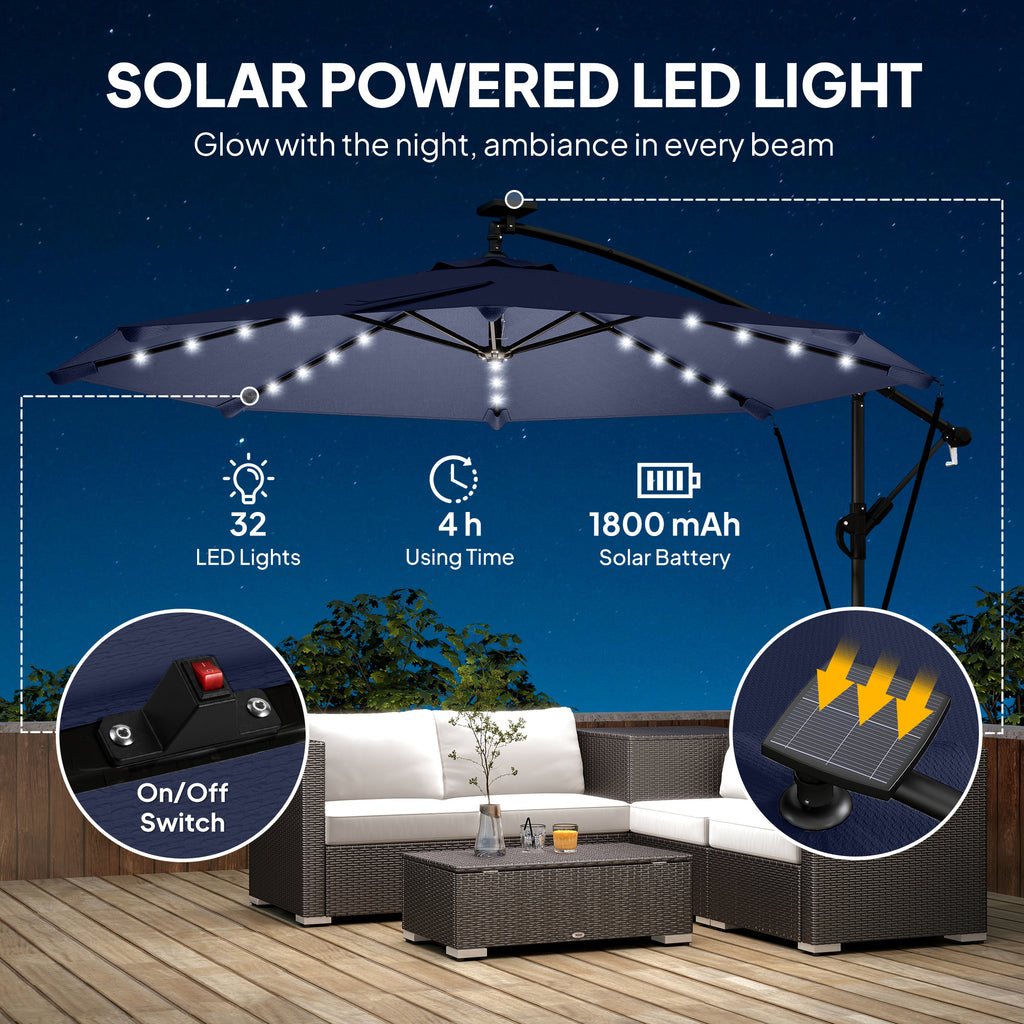 9.7ft Solar LED Cantilever Patio Umbrella with 32 LED Lights, Cross Base, Crank Handle, for Poolside, Deck, Dark Grey
