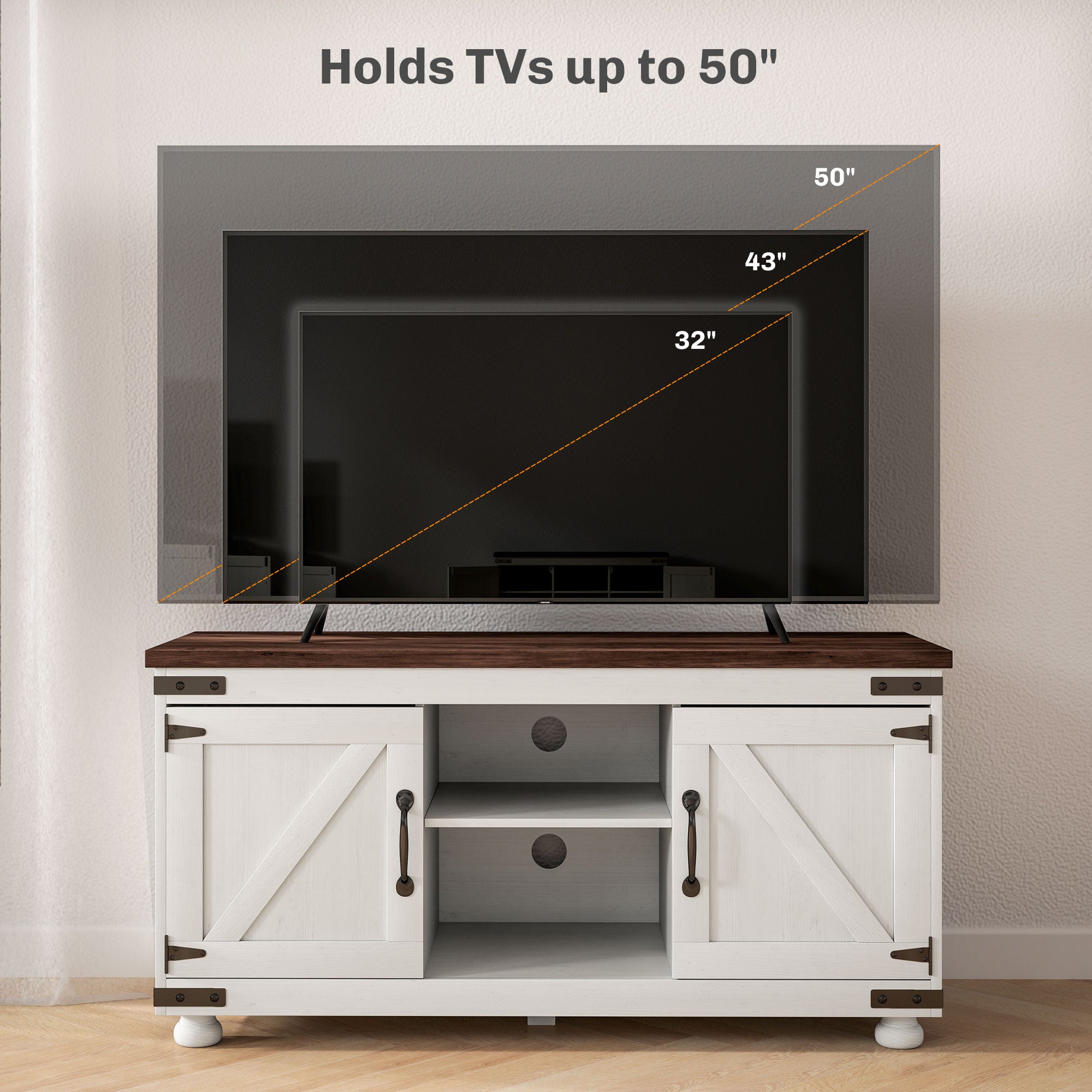 Farmhouse TV Stand for up to 50" TV, TV Cabinet with Barn Doors, Cable Management for Living Room, Distressed White
