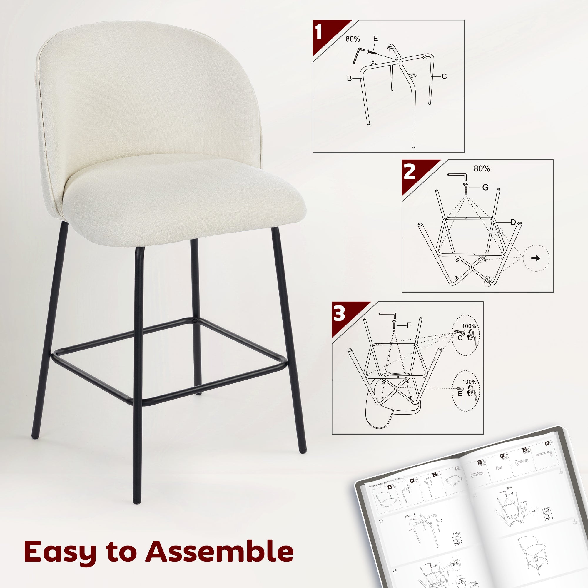 Set of 2 Counter Height Barstools, Upholstered Linen Bar Stools with Backrest, Footrest and Steel Legs, Cream White