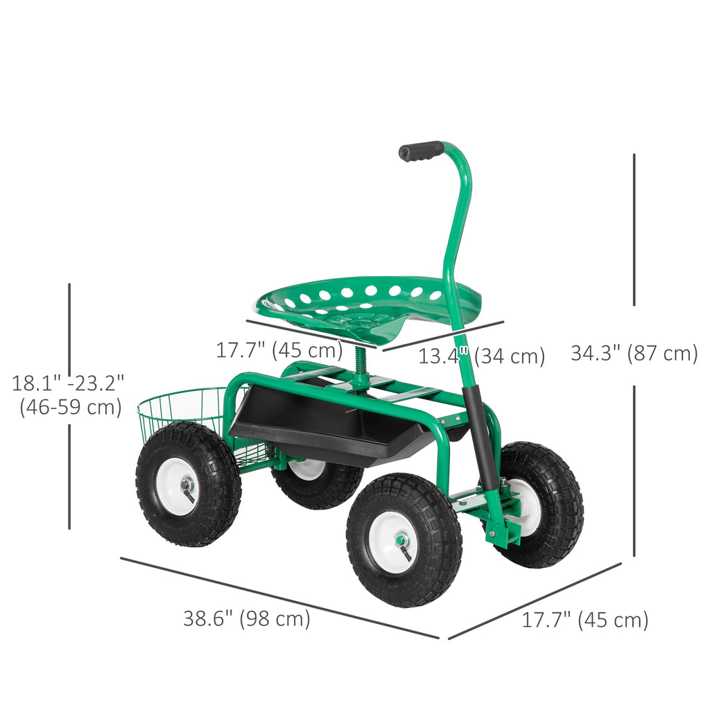 Garden Scooter, Rolling Cart with Swivel and Adjustable Seat, Tool Tray, Bucket Basket, Red and Black