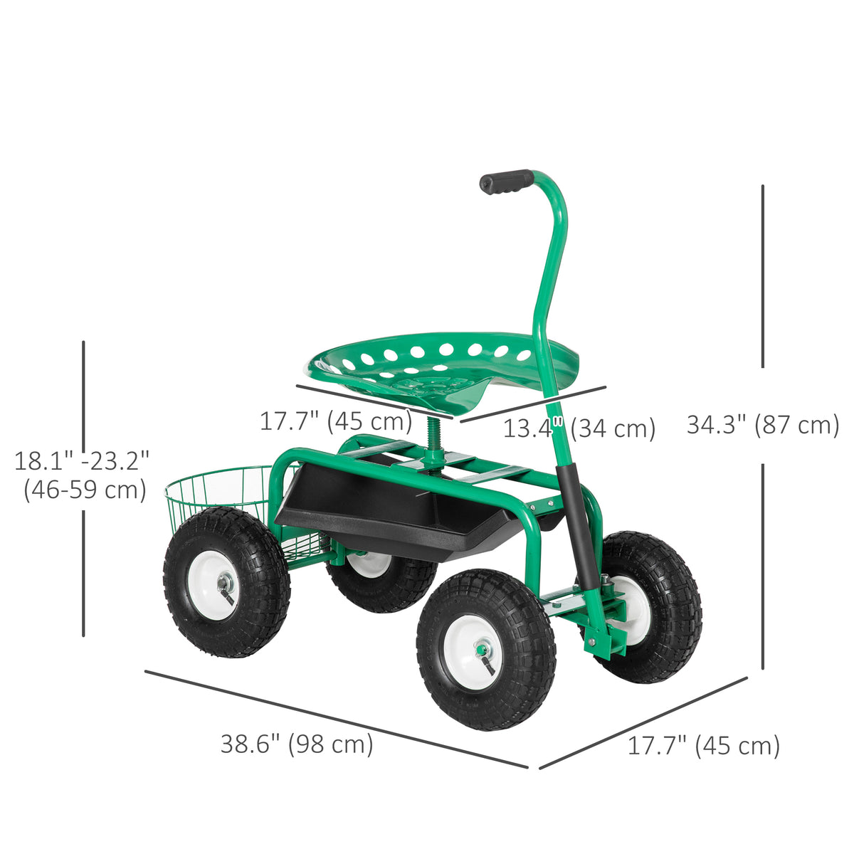 Garden Scooter, Rolling Cart with Swivel and Adjustable Seat, Tool Tray, Bucket Basket, Red and Black