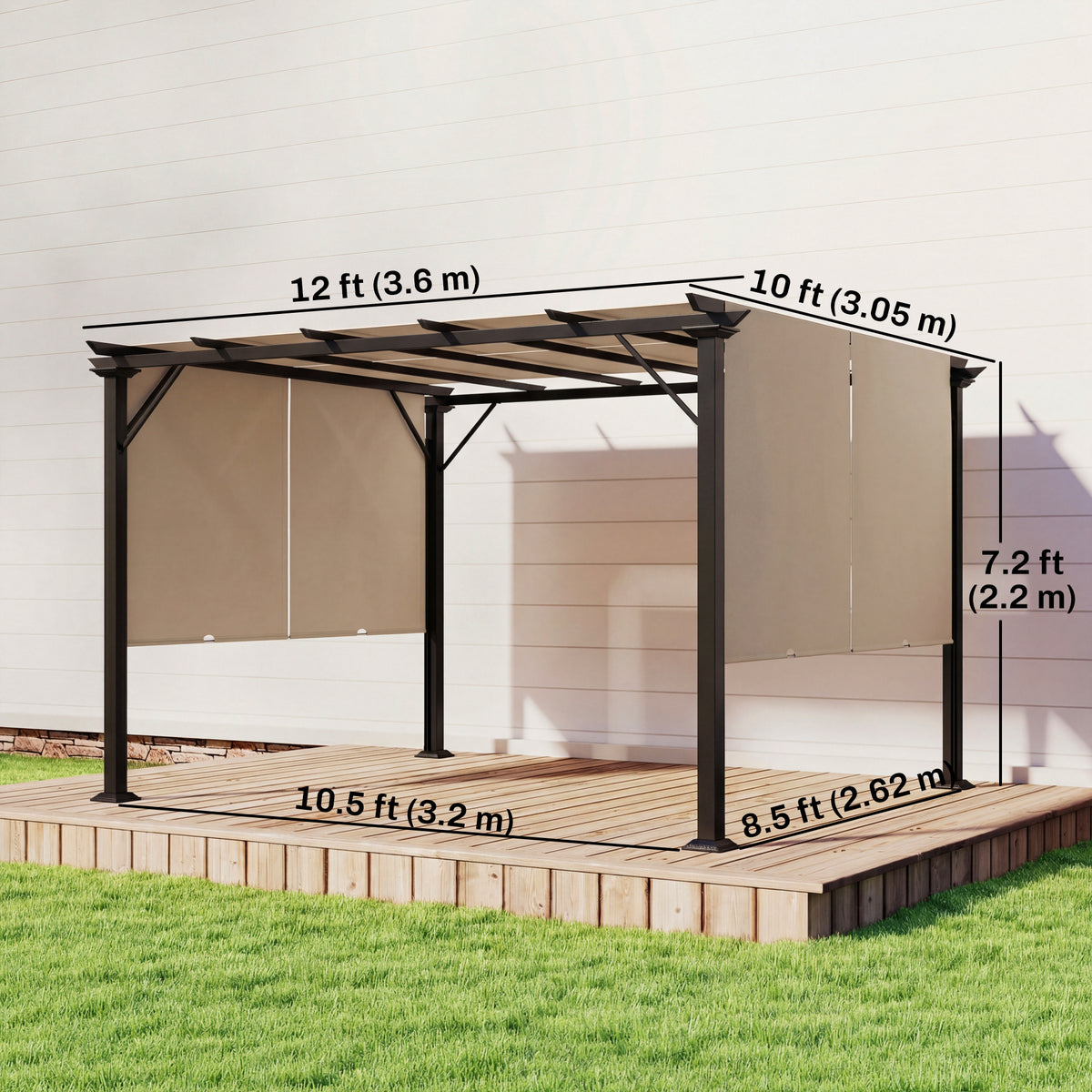 12' x 10' Outdoor Patio Gazebo Pergola with Retractable Canopy Roof, Steel Frame with Stakes, Light Brown