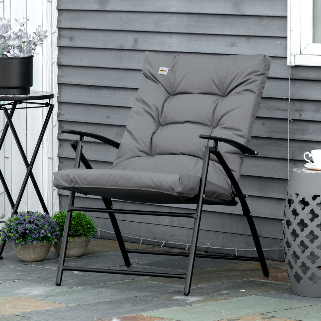 Foldable Lounge Chair, Fabric Upholstered Recliner, Outdoor Lounger with Armrest, Metal Frame for Backyard, Blue