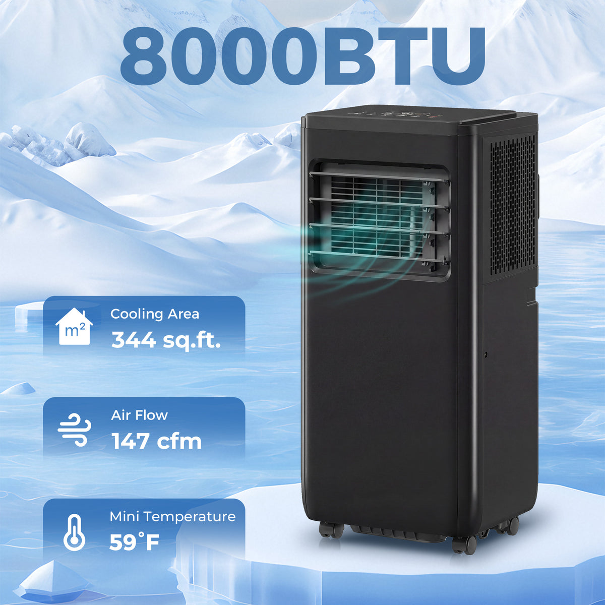 8000 BTU ተንቀሳቓሲ 4-ኣብ-ሓደ ኣየር ኮንዲሽነር ብምሑር፣ ደርቂ ኣየር፣ ፋን፣ ድቃስ፣ ዋይፋይ ድምጺ ርሑቕ ቁጽጽር፣ ጻዕዳ