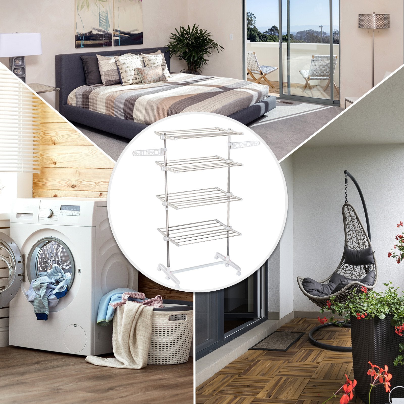 4 Layers Folding Laundry Rack Stand Dryer Storage Towel Rack Rolling