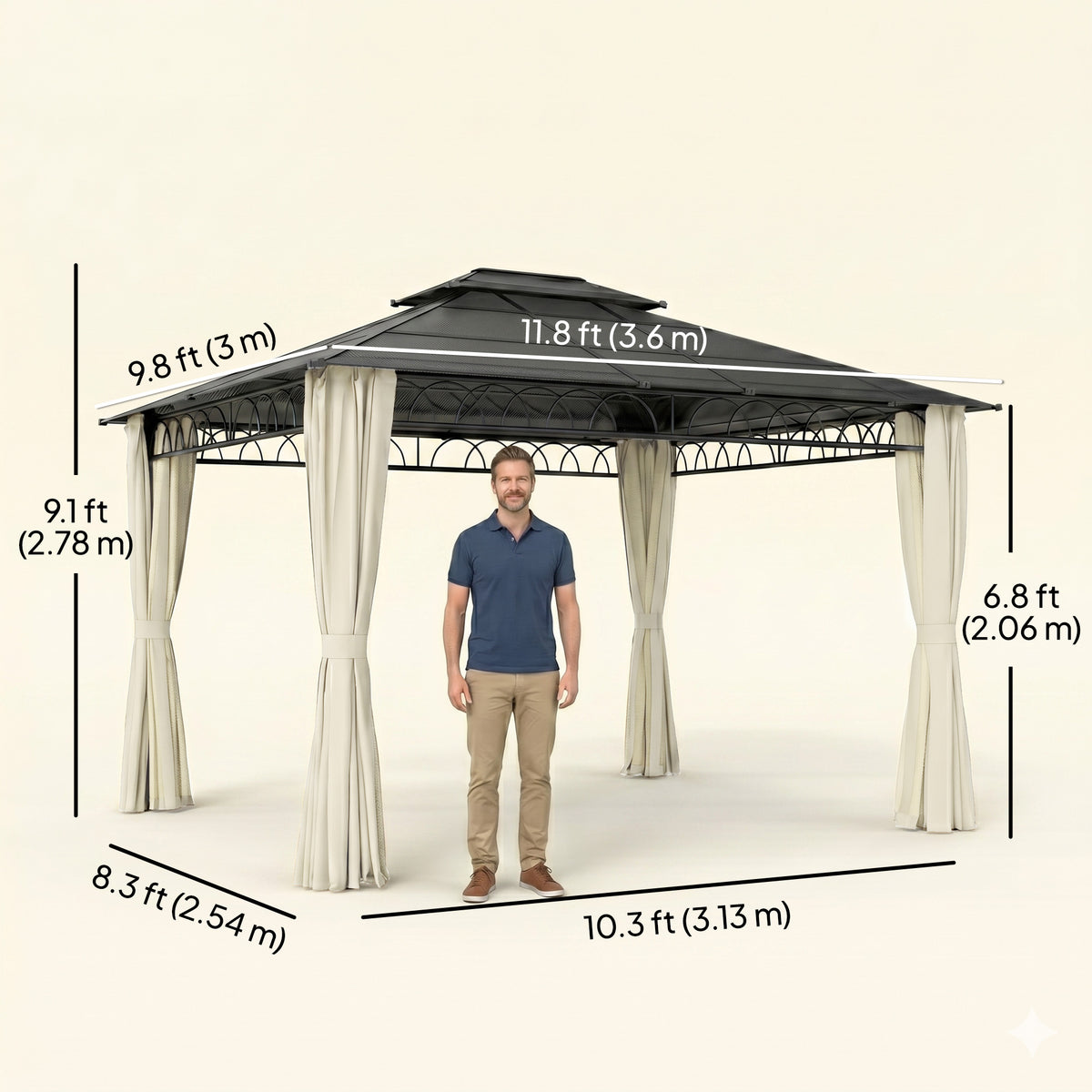مظلة خارجية 10' × 12'، سقف صلب مزدوج للمظلة مع سقف من البولي كربونات، وهيكل فولاذي، وشبكات وستائر