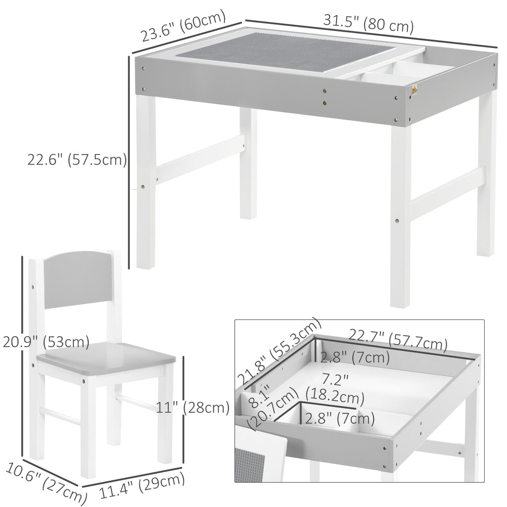 Qaba Lego Table with Storage for Kids, Multi-Usage Kids Table and Chair Set with Building Blocks Desktop, Grey