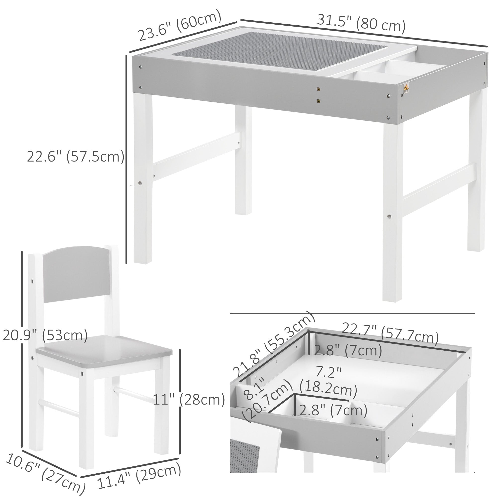 Qaba Lego Table with Storage for Kids, Multi-Usage Kids Table and Chair Set with Building Blocks Desktop, Grey