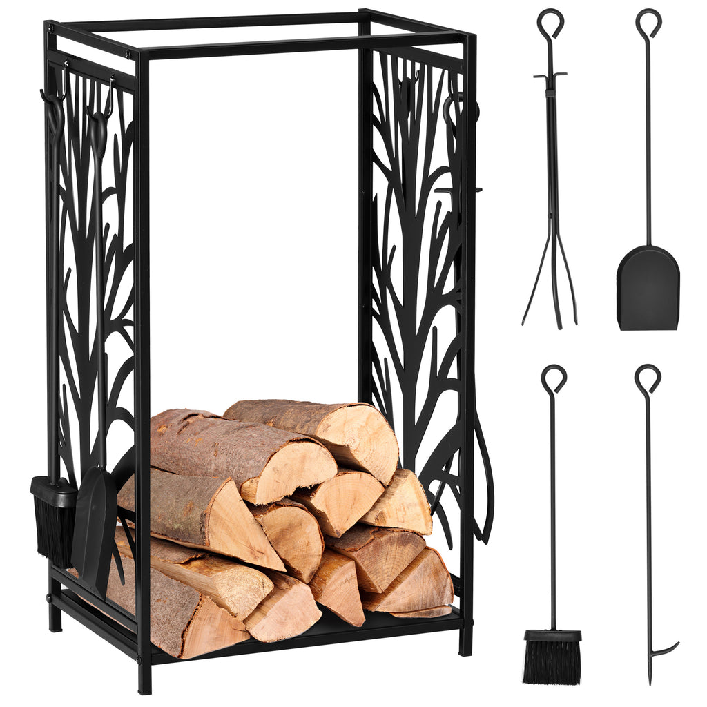 18.1" x 11.8" x 27.6" Firewood Rack with 4 Tools, Log Holder for Fireplace, Outdoor Indoor Wood Storage Stacker, Black