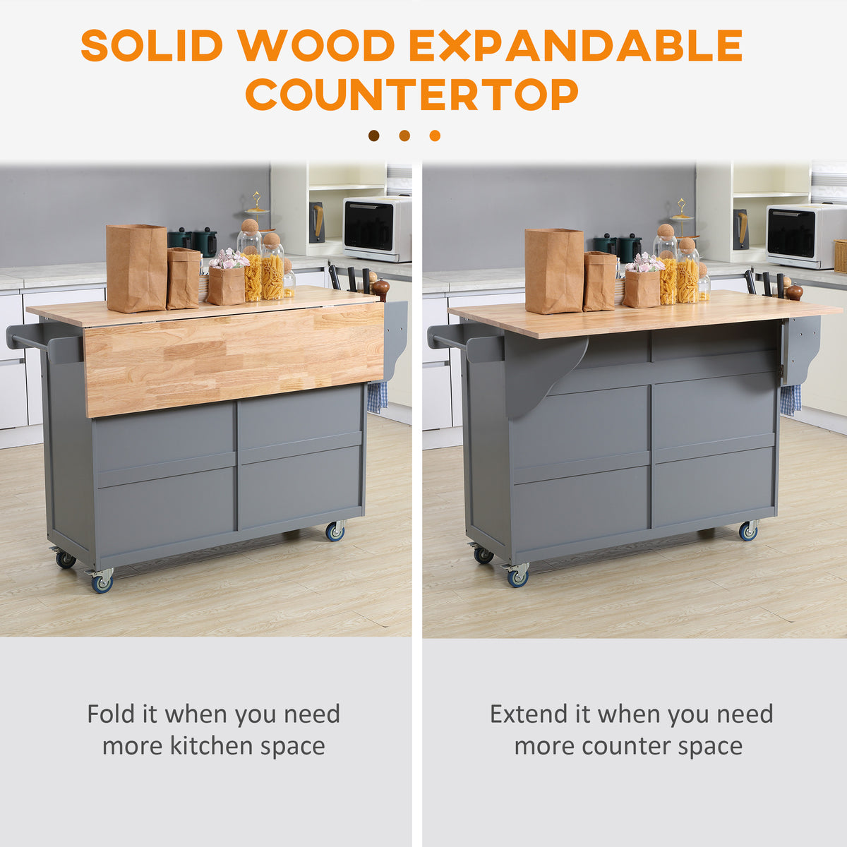 Kitchen Island with Storage, Rolling Kitchen Island with Drop Leaf, Rubber Wood Top and Adjustable Shelves, White