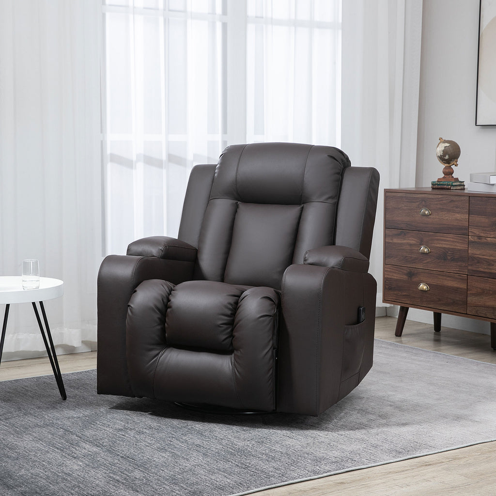 Swivel Massage Recliner Chair Rocker, Overstuffed Manual Reclining Sofa, PU Leather Rocking Chair with Side Pockets, Cup Holders, for Living Room, Nursery, Brown