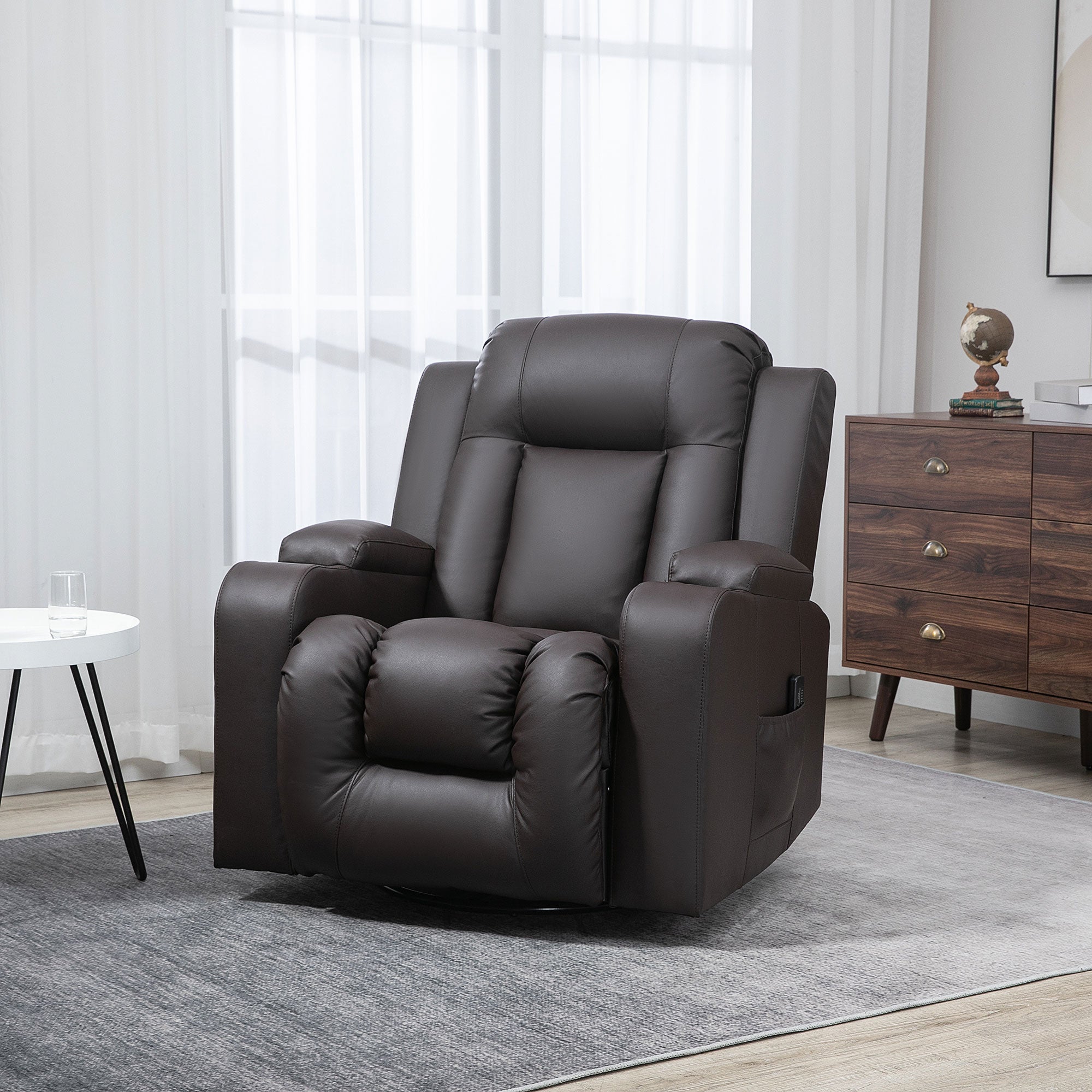 Swivel Massage Recliner Chair Rocker, Overstuffed Manual Reclining Sofa, PU Leather Rocking Chair with Side Pockets, Cup Holders, for Living Room, Nursery, Brown