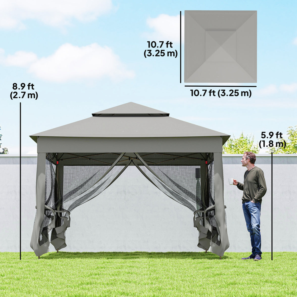 11' x 11' Pop Up Canopy 2-Tier Soft Top Shelter Event Tent w/ Netting Carry Bag for Patio Backyard Garden, Light Grey