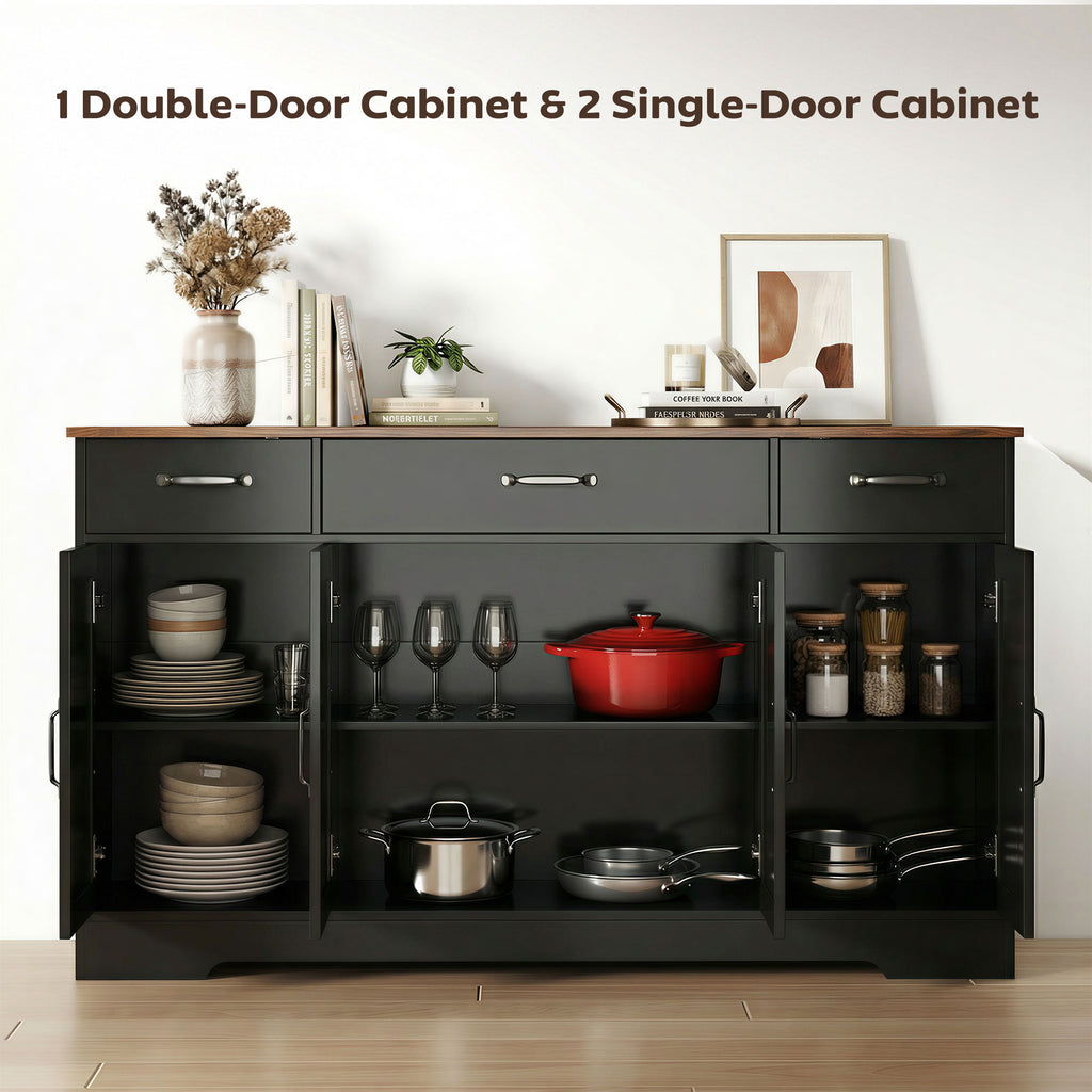Sideboard Buffet Cabinet, 55" Farmhouse Kitchen Cabinet with 4 Barn Doors, 3 Drawers, 3 Adjustable Shelves, White