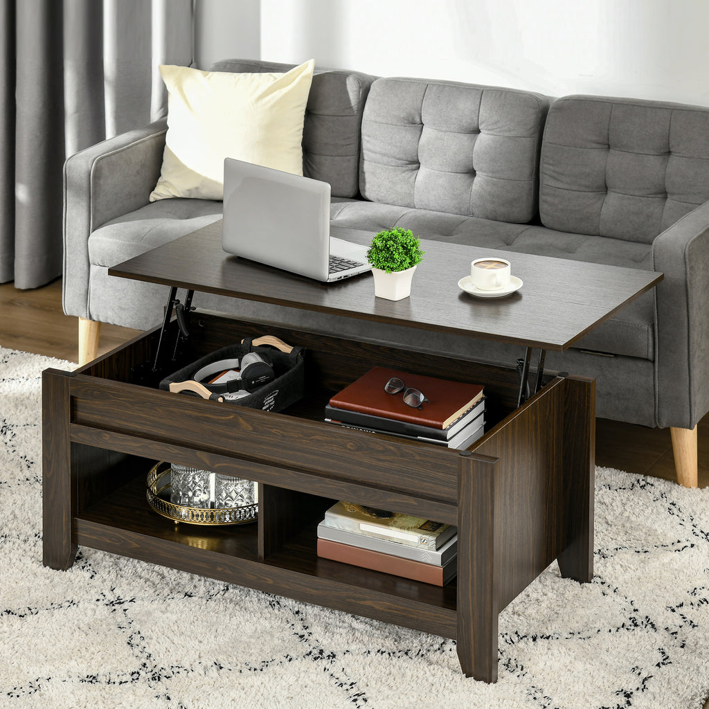 Lift Top Coffee Table with Hidden Storage Compartment and Open Shelves, Lift Tabletop Pop-Up Center Table for Living Room, Dark Walnut