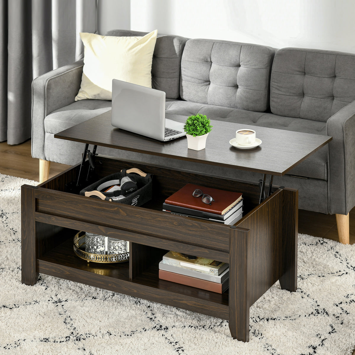 Lift Top Coffee Table with Hidden Storage Compartment and Open Shelves, Lift Tabletop Pop-Up Center Table for Living Room, Dark Walnut