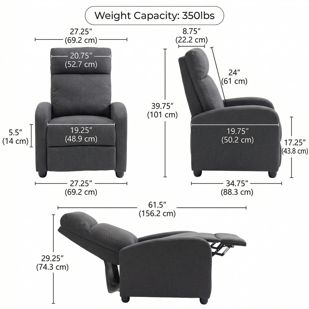 Fabric Recliner Sofa Manual Recliner, Home Theater Seating Single Reclining Sofa Chair with Padded Seat for Living Room, Dark Grey