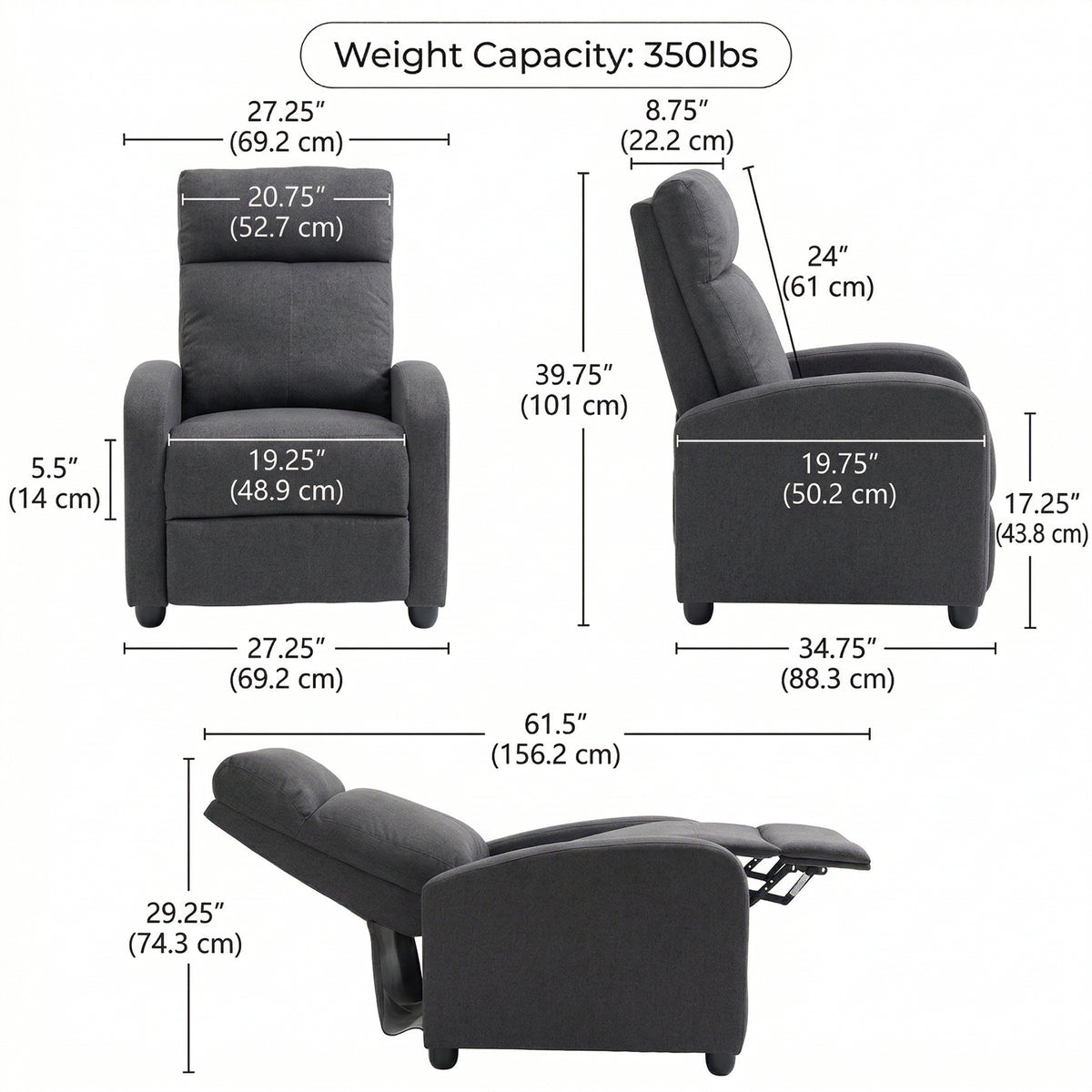 Fabric Recliner Sofa Manual Recliner, Home Theater Seating Single Reclining Sofa Chair with Padded Seat for Living Room, Dark Grey