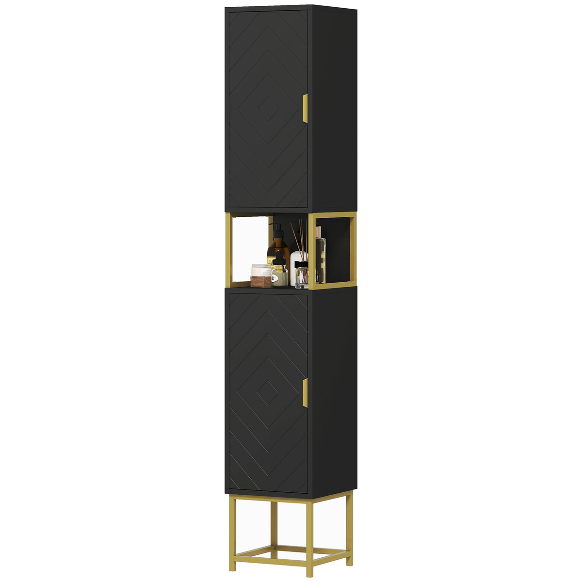 Tall Bathroom Storage Cabinet, Modern Narrow Bathroom Cabinet with Diamond Chevron Pattern and Adjustable Shelf, White
