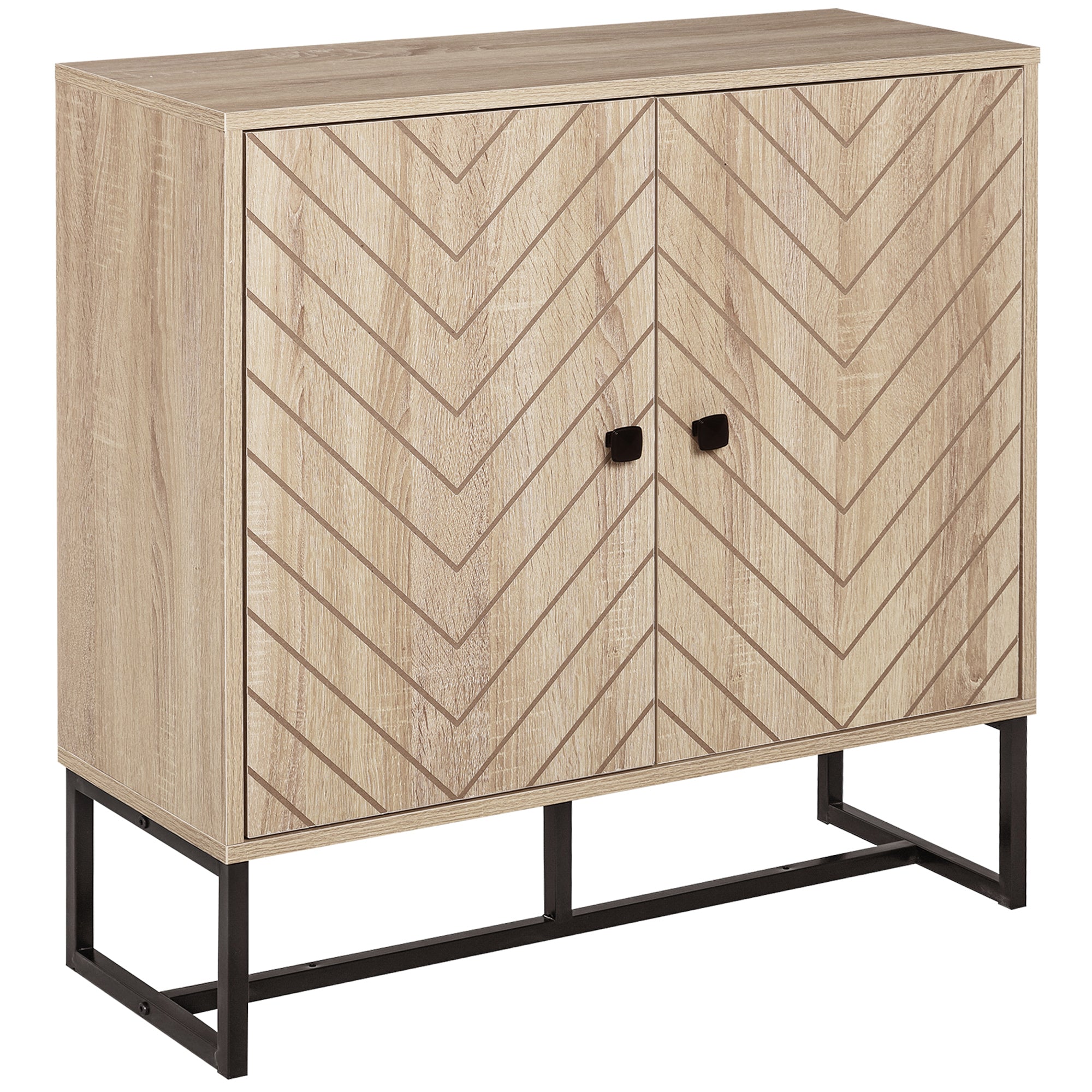 Modern Sideboard, Buffet Cabinet with 2 Chevron Doors and Adjustable Shelf, Kitchen Storage Cabinet with Steel Base, Coffee Bar Cabinet, 31.5" H, Oak