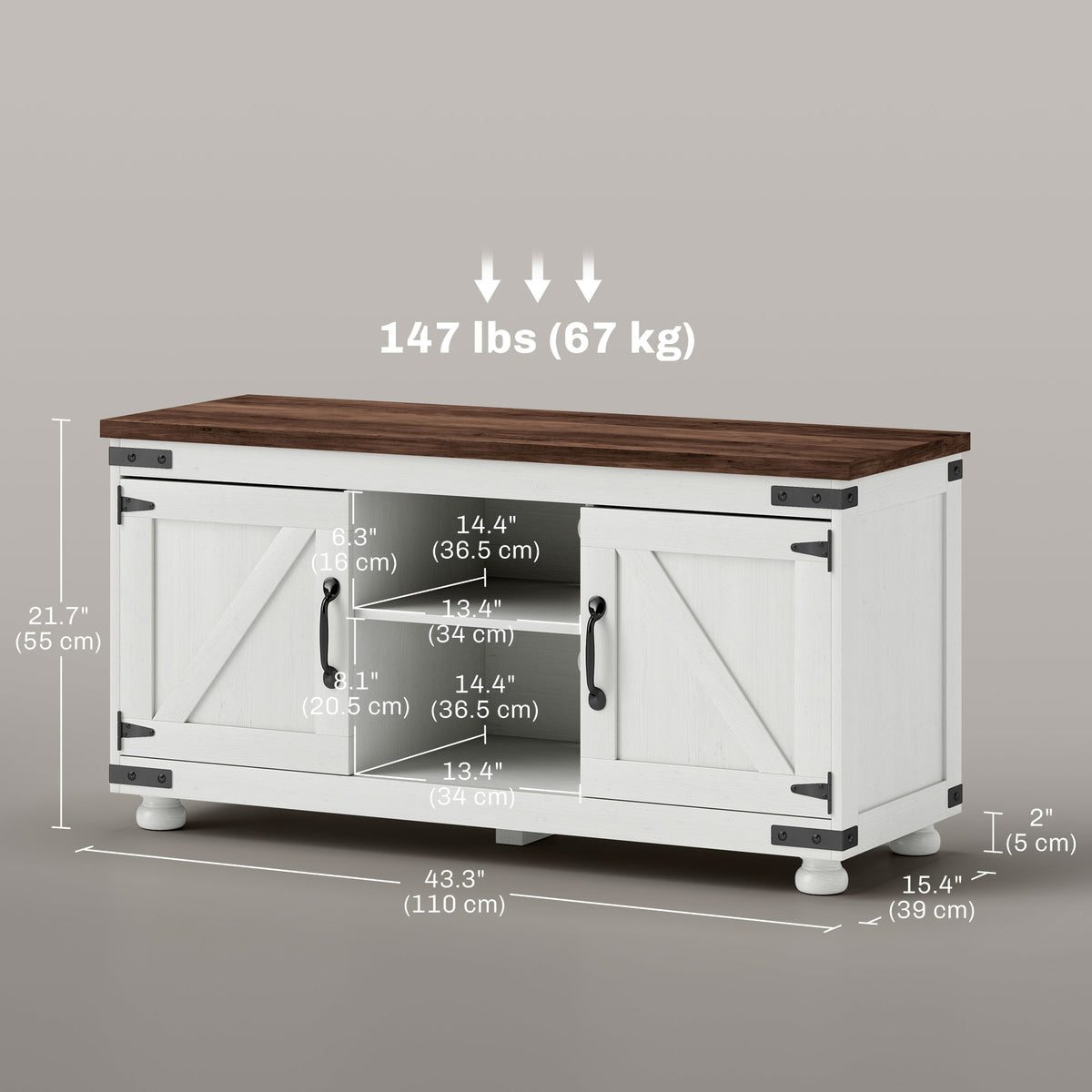 Farmhouse TV Stand for up to 50" TV, TV Cabinet with Barn Doors, Cable Management for Living Room, Distressed White